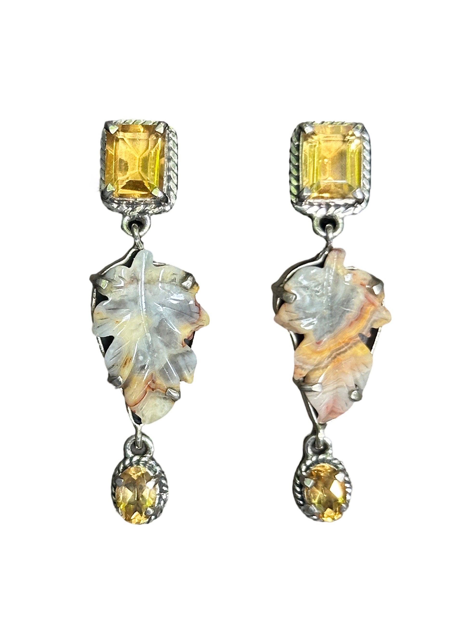 Carved Leaf Citrine Silver Post Earrings