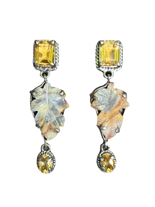 Carved Leaf Citrine Silver Post Earrings