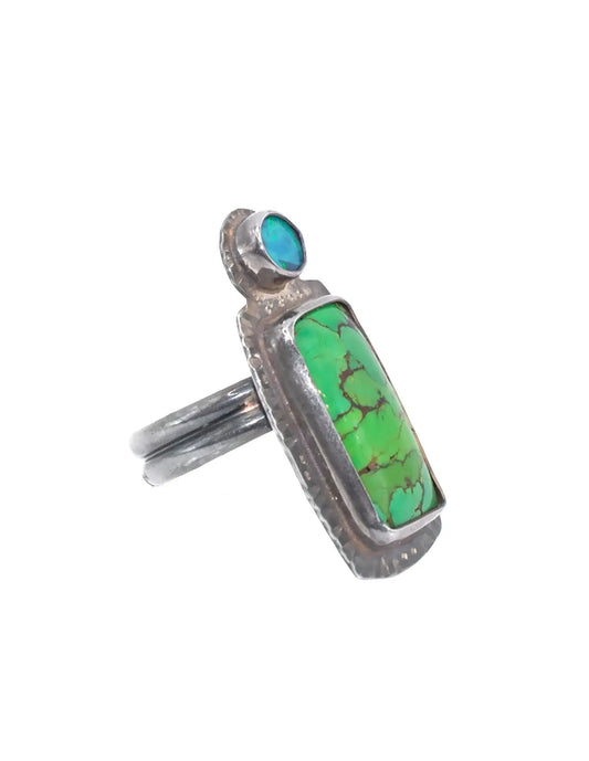 Green Mosaic Turquoise and Opal Ring – Size 8
