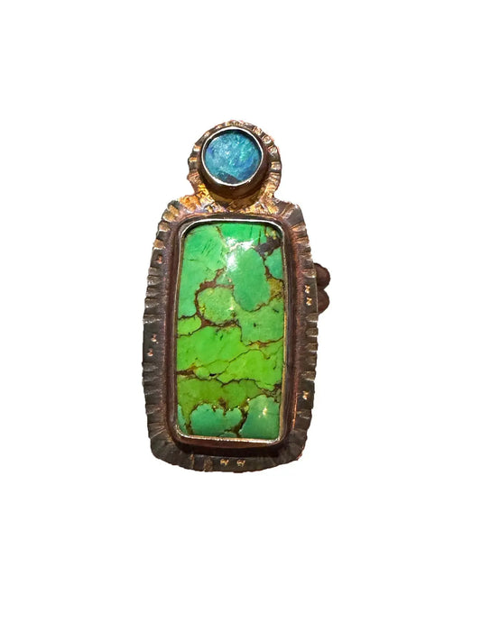 Green Mosaic Turquoise and Opal Ring – Size 8
