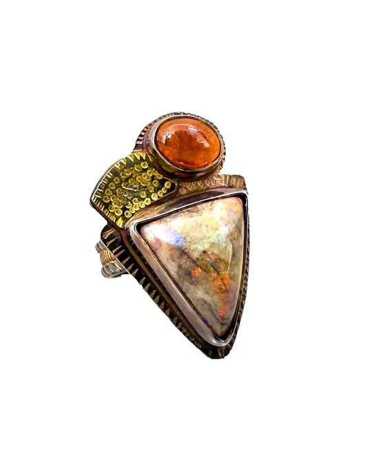 Boulder Opal and Garnet Ring with 18K Gold Accents – Size 8.5