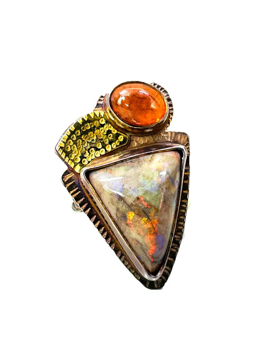Boulder Opal and Garnet Ring with 18K Gold Accents – Size 8.5
