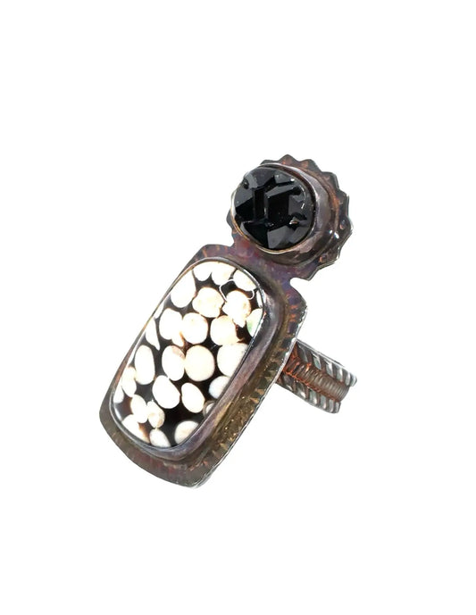 Black Garnet Melanite and Peanut Wood Jasper Ring – Size 7.5