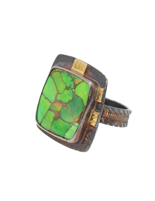 Green Mosaic Turquoise Ring With 18K Gold Accents – Size 7.75