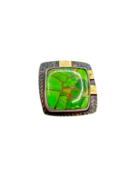 Green Mosaic Turquoise Ring With 18K Gold Accents – Size 7.75