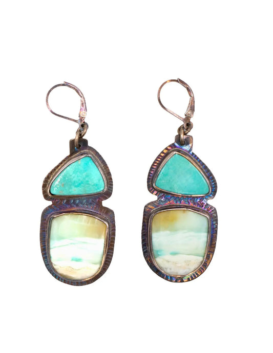 Blue Opal Petrified Wood and Turquoise Earrings