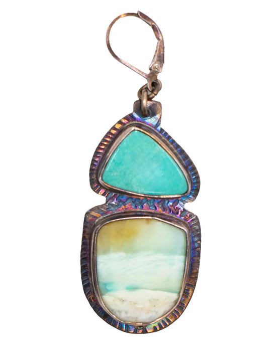 Blue Opal Petrified Wood and Turquoise Earrings