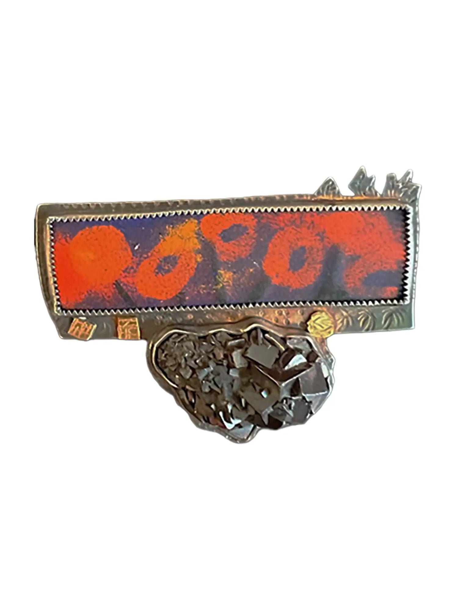 Hand-Painted Orange Abstract Oxidized Sterling Silver Pin