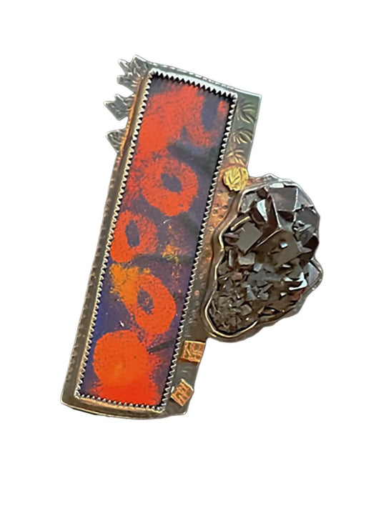 Hand-Painted Orange Abstract Oxidized Sterling Silver Pin
