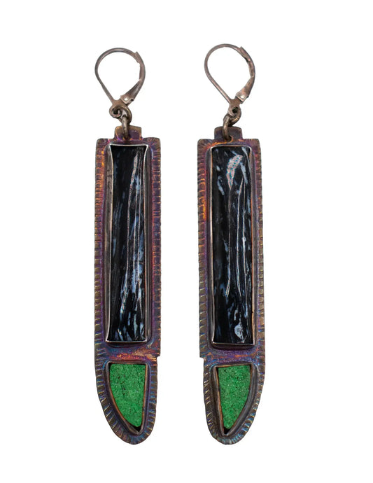 Fossilized Palm Stone & Uvarovite Green Druzy Earrings