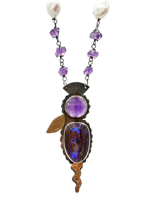Amethyst Cabochon and Boulder Opal Pendant Necklace
