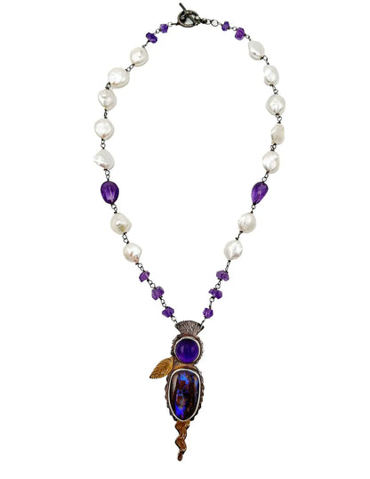 Amethyst Cabochon and Boulder Opal Pendant Necklace