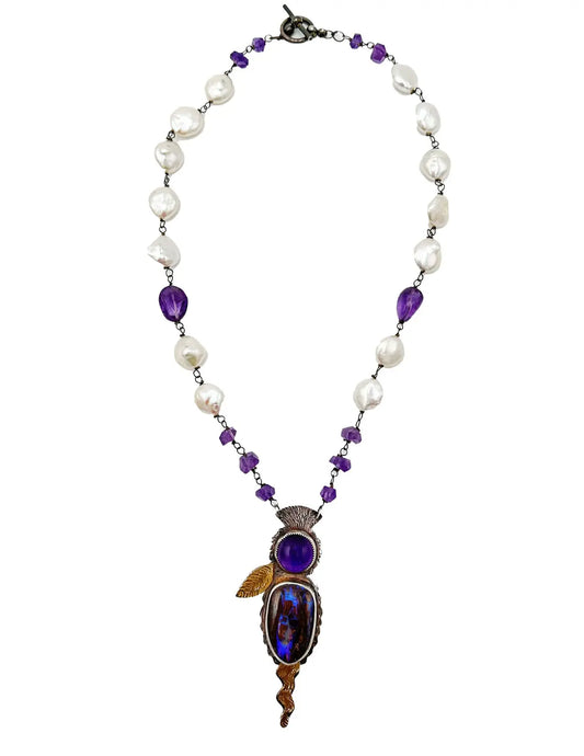 Amethyst Cabochon and Boulder Opal Pendant Necklace