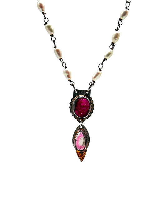 Cobalto Calcite Druzy and Pink Tourmaline Pendant Necklace