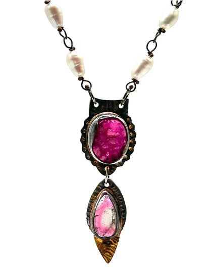 Cobalto Calcite Druzy and Pink Tourmaline Pendant Necklace
