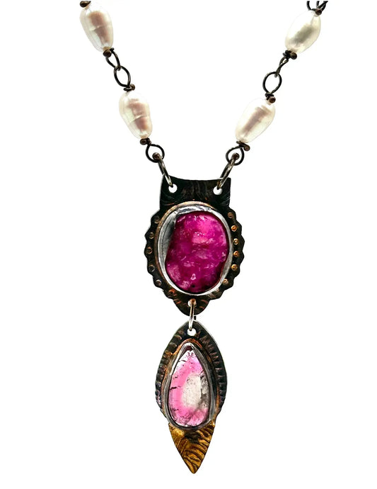 Cobalto Calcite Druzy and Pink Tourmaline Pendant Necklace