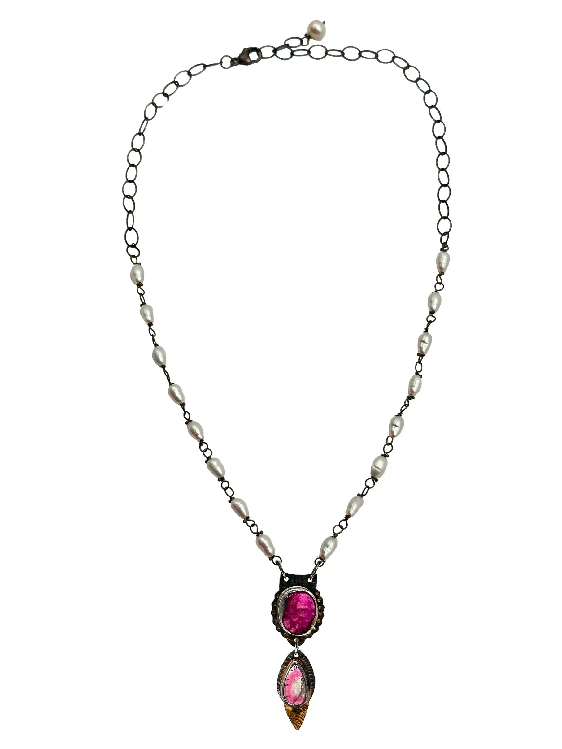 Cobalto Calcite Druzy and Pink Tourmaline Pendant Necklace