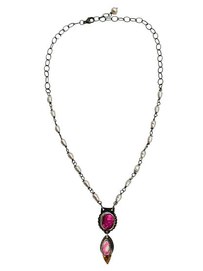 Cobalto Calcite Druzy and Pink Tourmaline Pendant Necklace