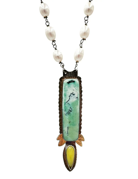 Blue Opal Petrified Wood and Green Tourmaline Pendant Necklace With SS Pearl Chain