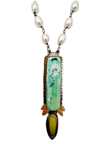 Blue Opal Petrified Wood and Green Tourmaline Pendant Necklace With SS Pearl Chain