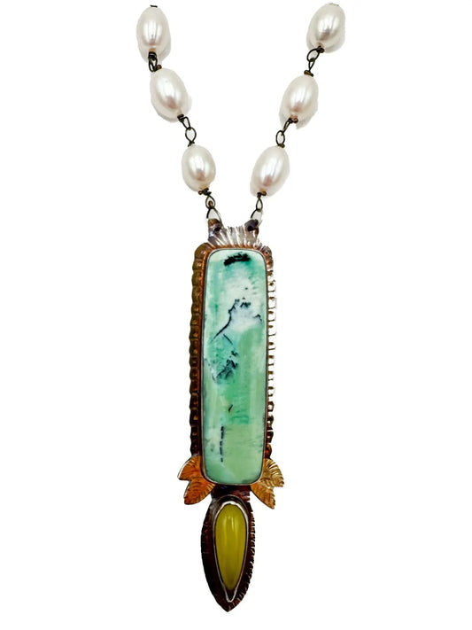 Blue Opal Petrified Wood and Green Tourmaline Pendant Necklace With SS Pearl Chain