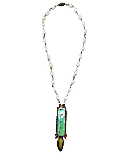 Blue Opal Petrified Wood and Green Tourmaline Pendant Necklace With SS Pearl Chain