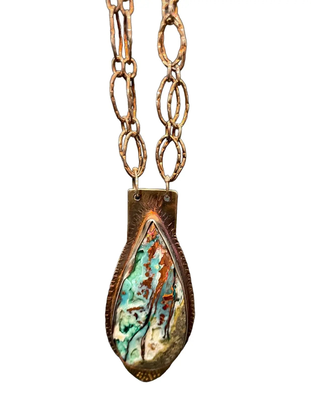 Blue Wood Opal, Natural Copper, and Quartz Crystal Pendant Necklace