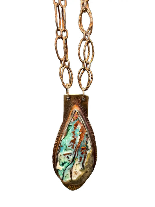 Blue Wood Opal, Natural Copper, and Quartz Crystal Pendant Necklace