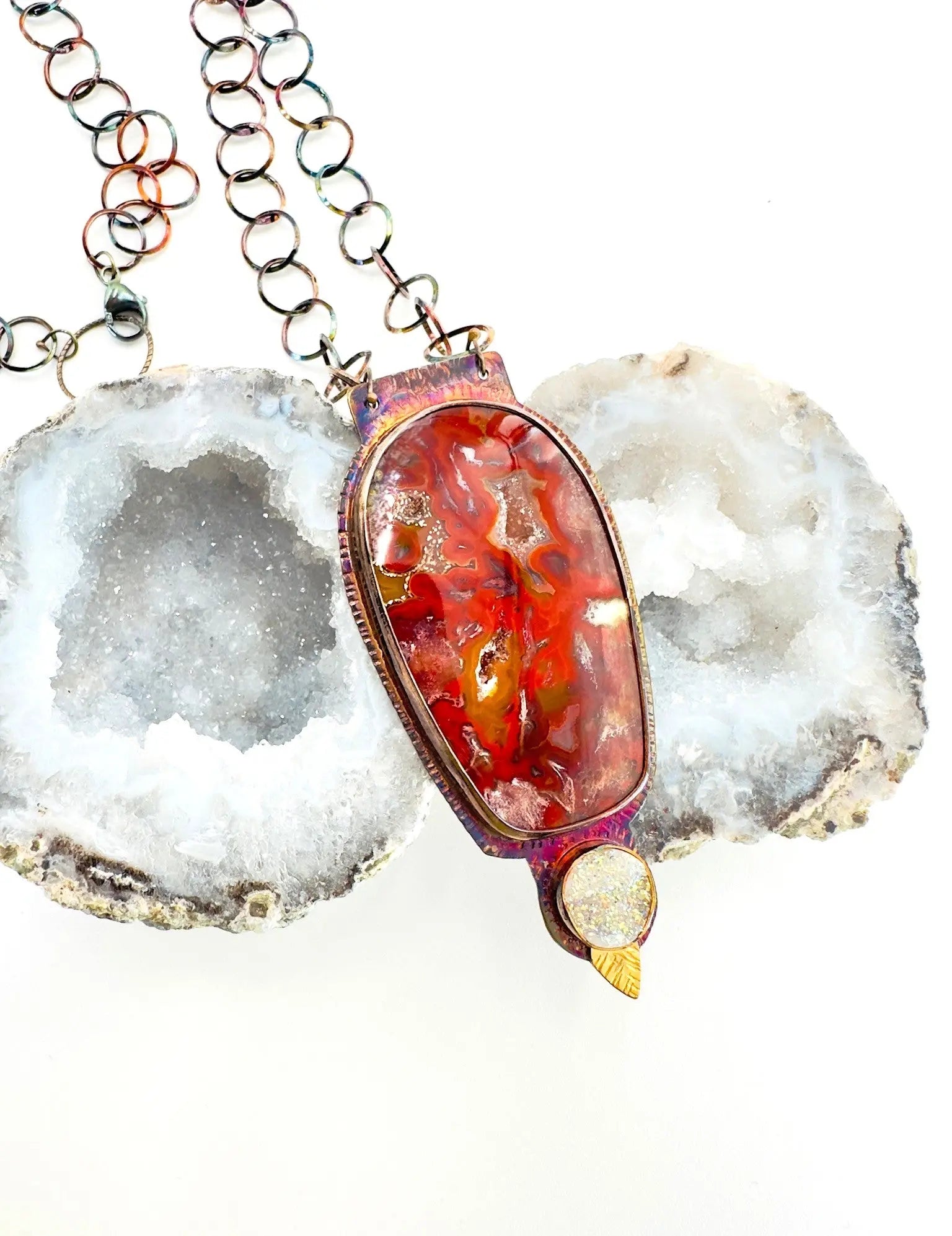 Nodular Laguna Agate, Titanium Plated Quartz & Druzy Pendant Necklace
