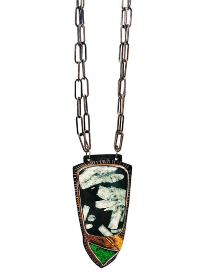 Chinese Writing Stone and Uvarovite Green Garnet Pendant Neclace