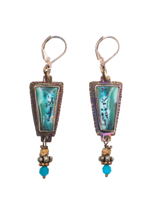 Triangular Blue Opal Petrified Wood Earrings