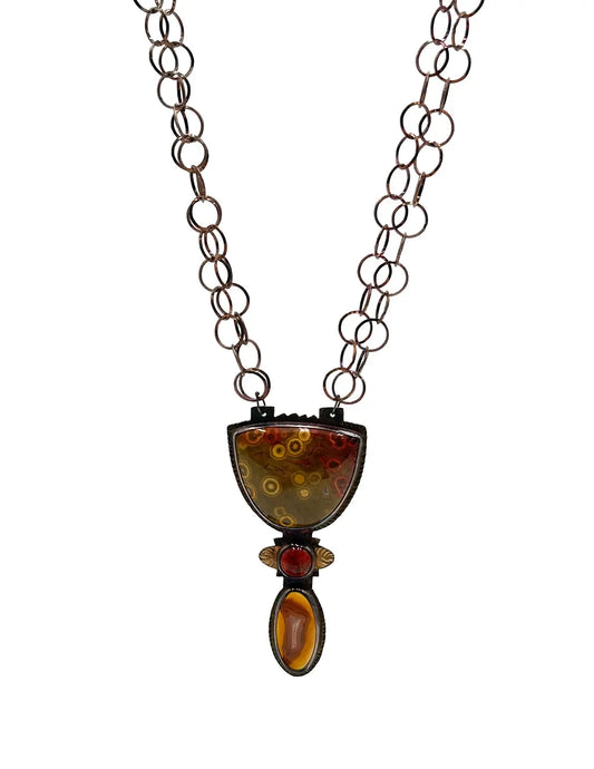 Ocean Jasper, Apple Coral, and Laguna Agate Pendant Necklace