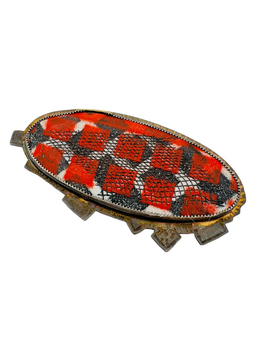 Hand-Painted Oval Brooch with Mesh Embellishment