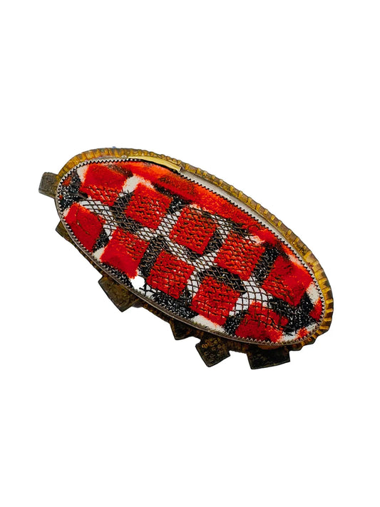 Hand-Painted Oval Brooch with Mesh Embellishment