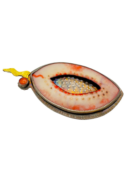 Hand-Painted Oval Brooch with Mesh Embellishment