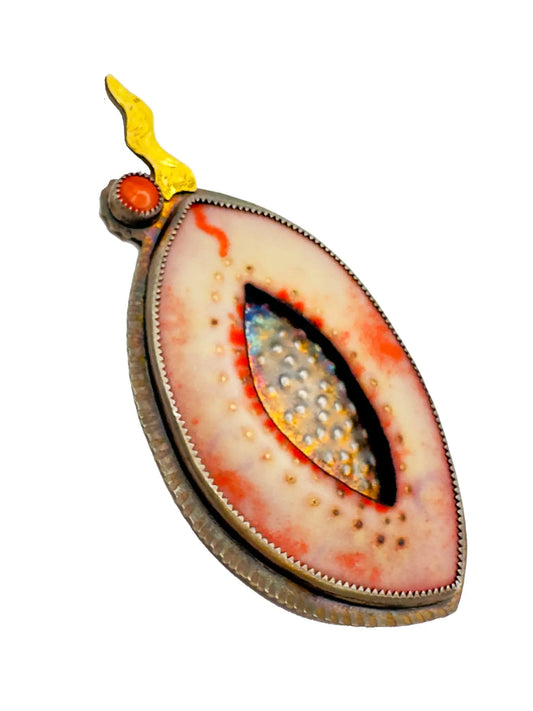 Hand-Painted Oval Brooch with Mesh Embellishment