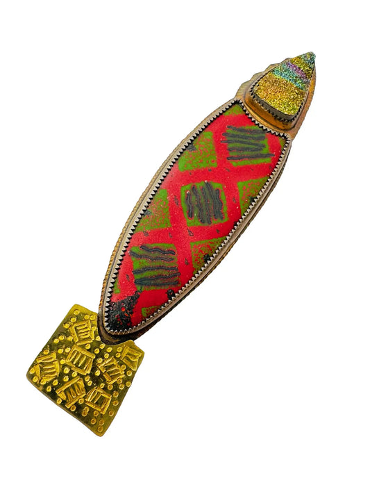 Aurora Borealis Pyrite Druzy Brooch with Hand-Painted Enamel