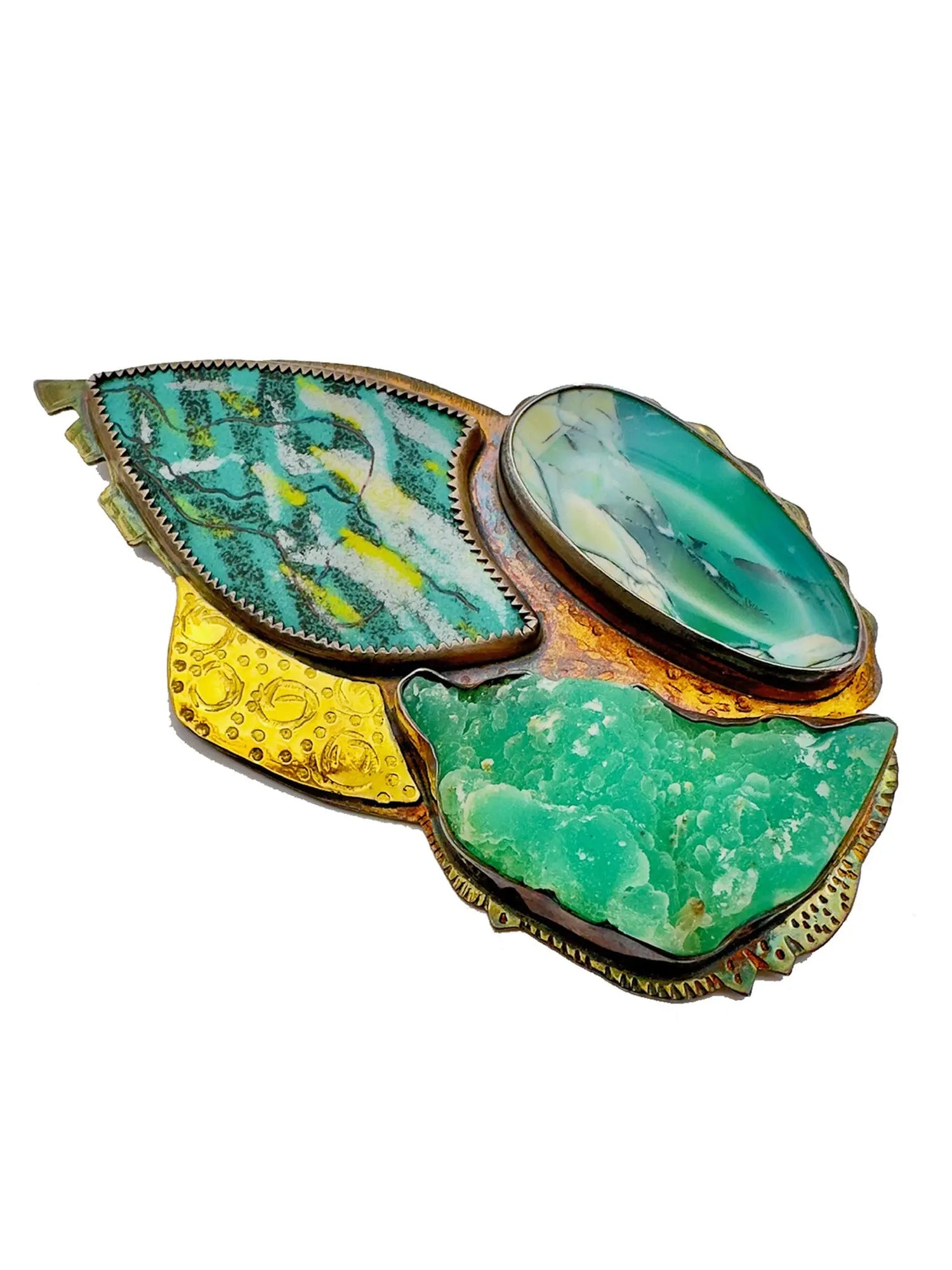 Blue Opal Enamel Brooch with Petrified Wood and Natural Smithsonite