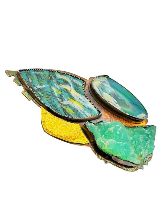 Blue Opal Enamel Brooch with Petrified Wood and Natural Smithsonite