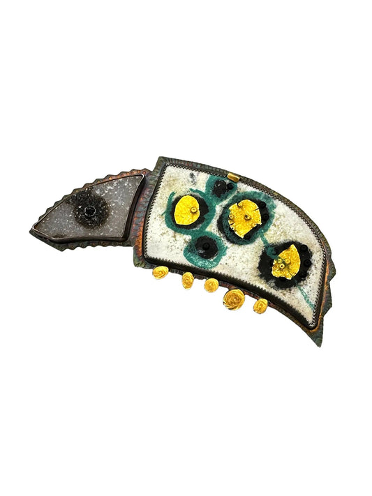 White Druzy Quartz Brooch with Enamel Embellishments