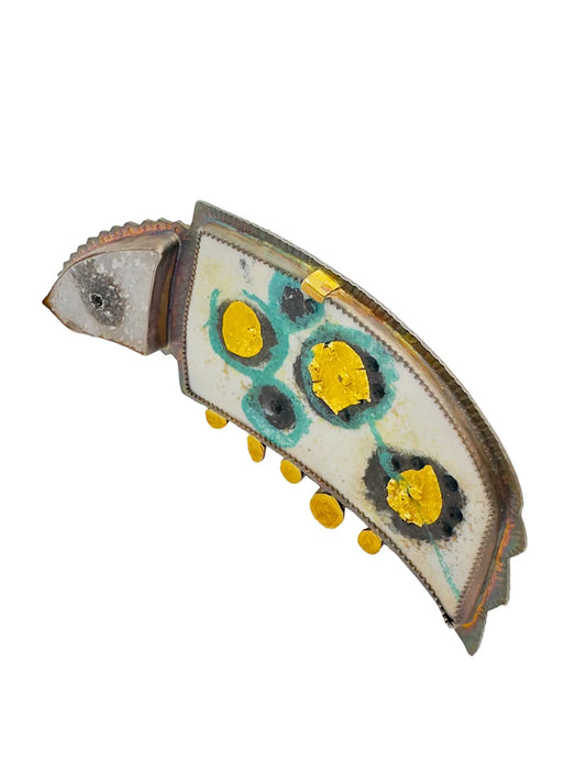 White Druzy Quartz Brooch with Enamel Embellishments