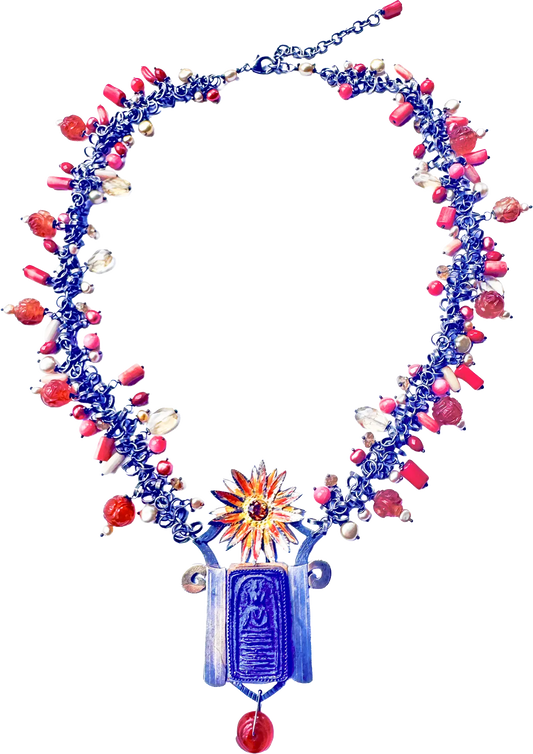 "Boushra" Antique Buddha Necklace with Coral & Citrine Beads
