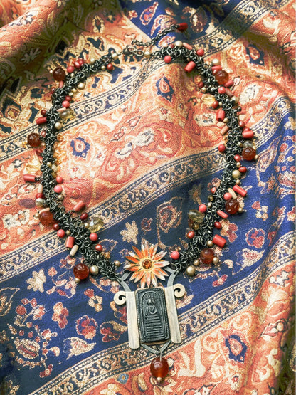 "Boushra" Antique Buddha Necklace with Coral & Citrine Beads