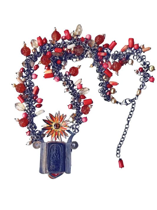 "Boushra" Antique Buddha Necklace with Coral & Citrine Beads
