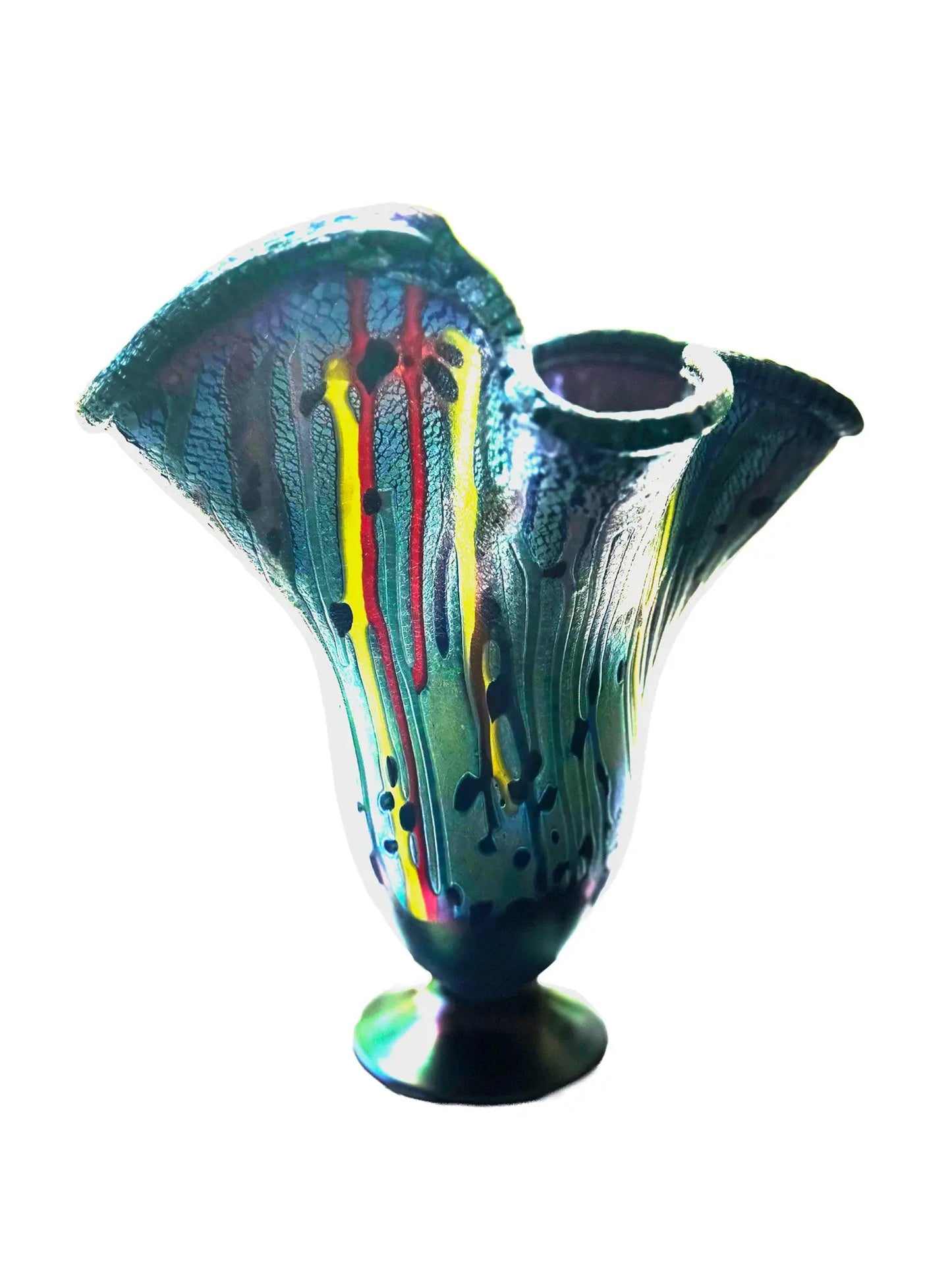 This vibrant, large molten organic vessel by Rick Hunter features a deep blue base with multicolored vertical drippings and an iridescent, shimmering rim in purple, green, and copper hues. Measuring approximately 12 inches in width and height, and weighing 2.82 pounds, this unique glass piece radiates energy and movement, showcasing bold colors and dynamic design in a one-of-a-kind artwork. 