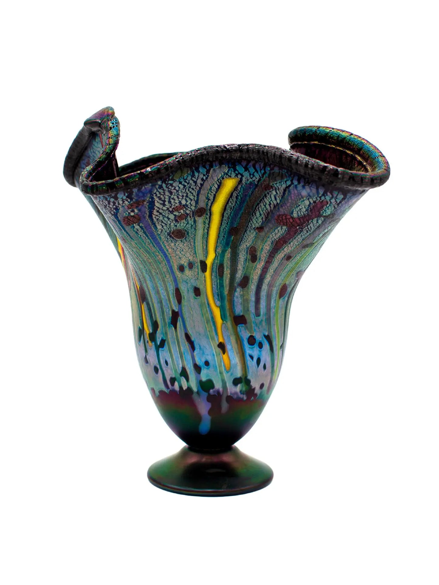 This vibrant, large molten organic vessel by Rick Hunter features a deep blue base with multicolored vertical drippings and an iridescent, shimmering rim in purple, green, and copper hues. Measuring approximately 12 inches in width and height, and weighing 2.82 pounds, this unique glass piece radiates energy and movement, showcasing bold colors and dynamic design in a one-of-a-kind artwork. 