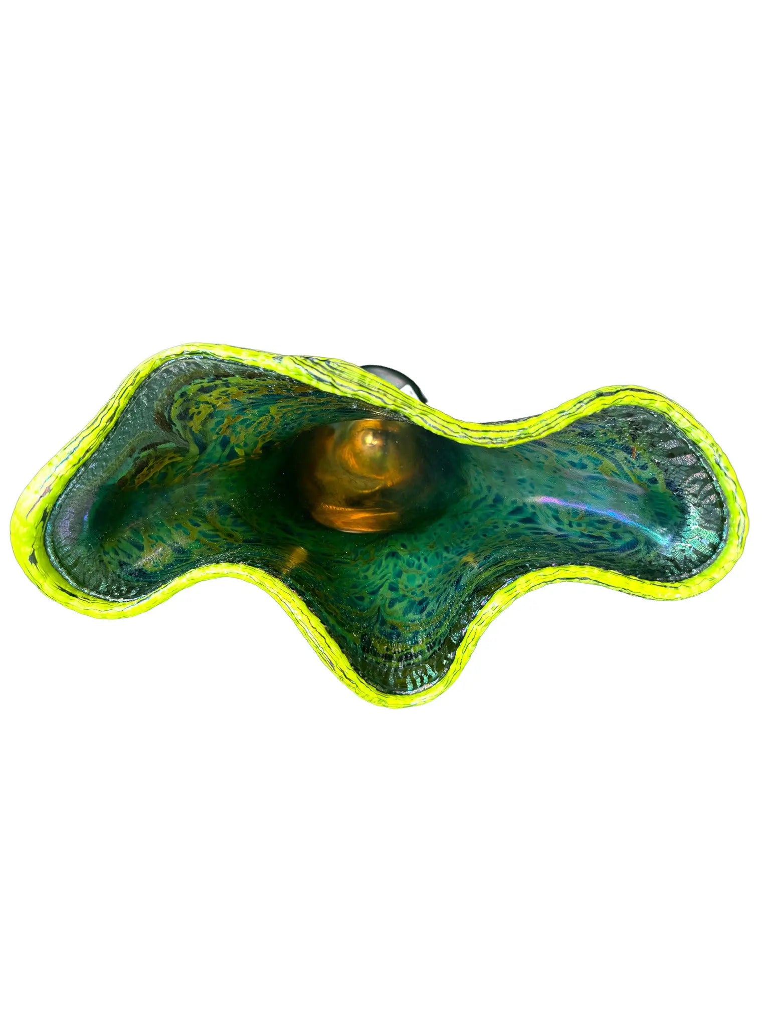 This large, fluted glass vessel, titled 'Hope Springs Eternal,' is a stunning display of color and craftsmanship. It features vivid lime green and deep purple hues, complemented by winter-like tones. The textured surface, ridged sides, and flared silhouette create an elegant flow of color and movement, making it a striking statement piece. Dimensions are approximately 13.75 inches in width and 11.25 inches in height, weighing 4.56 pounds, crafted from glass. Perfect for decorative use.