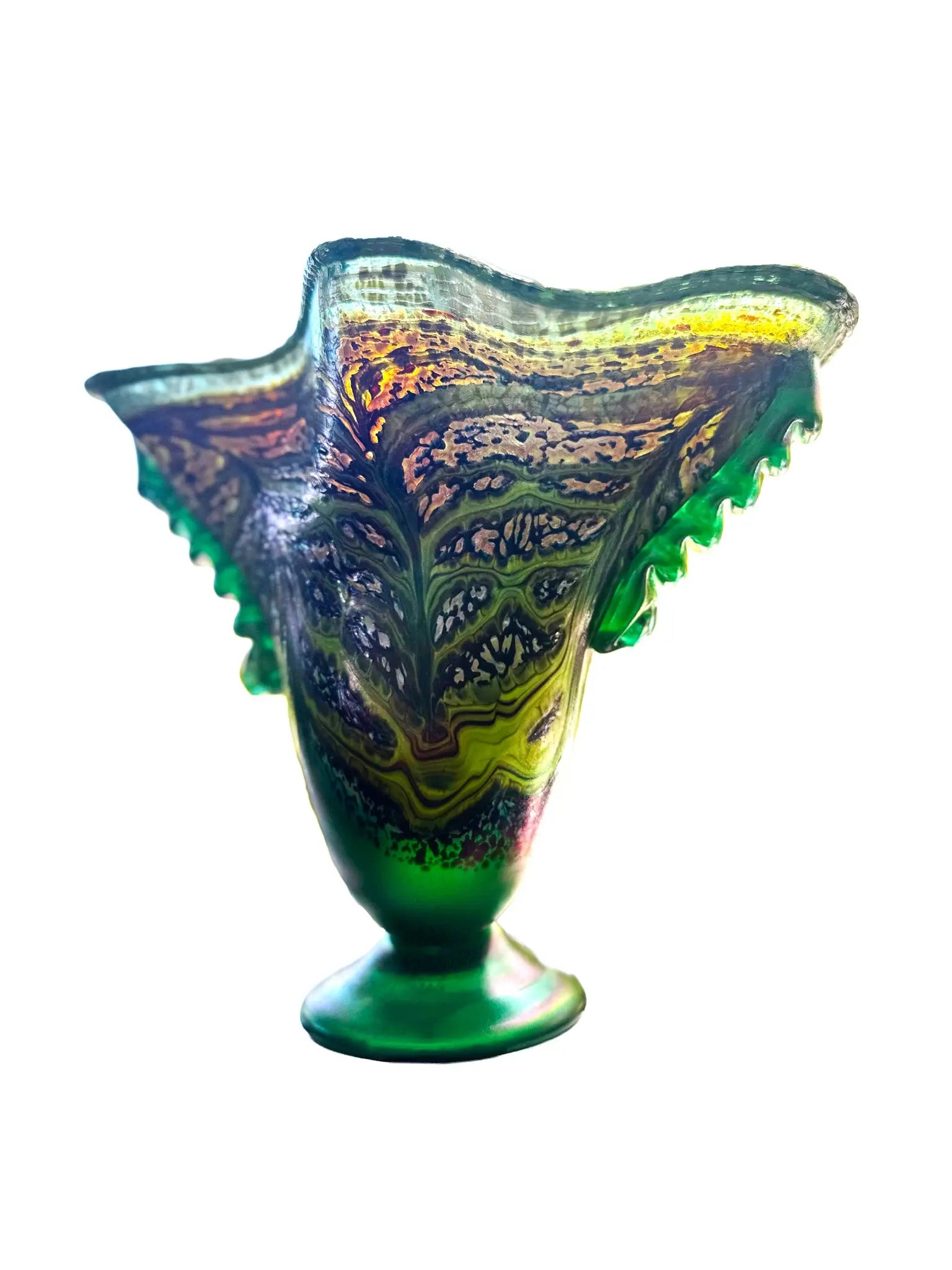 This large, fluted glass vessel, titled 'Hope Springs Eternal,' is a stunning display of color and craftsmanship. It features vivid lime green and deep purple hues, complemented by winter-like tones. The textured surface, ridged sides, and flared silhouette create an elegant flow of color and movement, making it a striking statement piece. Dimensions are approximately 13.75 inches in width and 11.25 inches in height, weighing 4.56 pounds, crafted from glass. Perfect for decorative use.