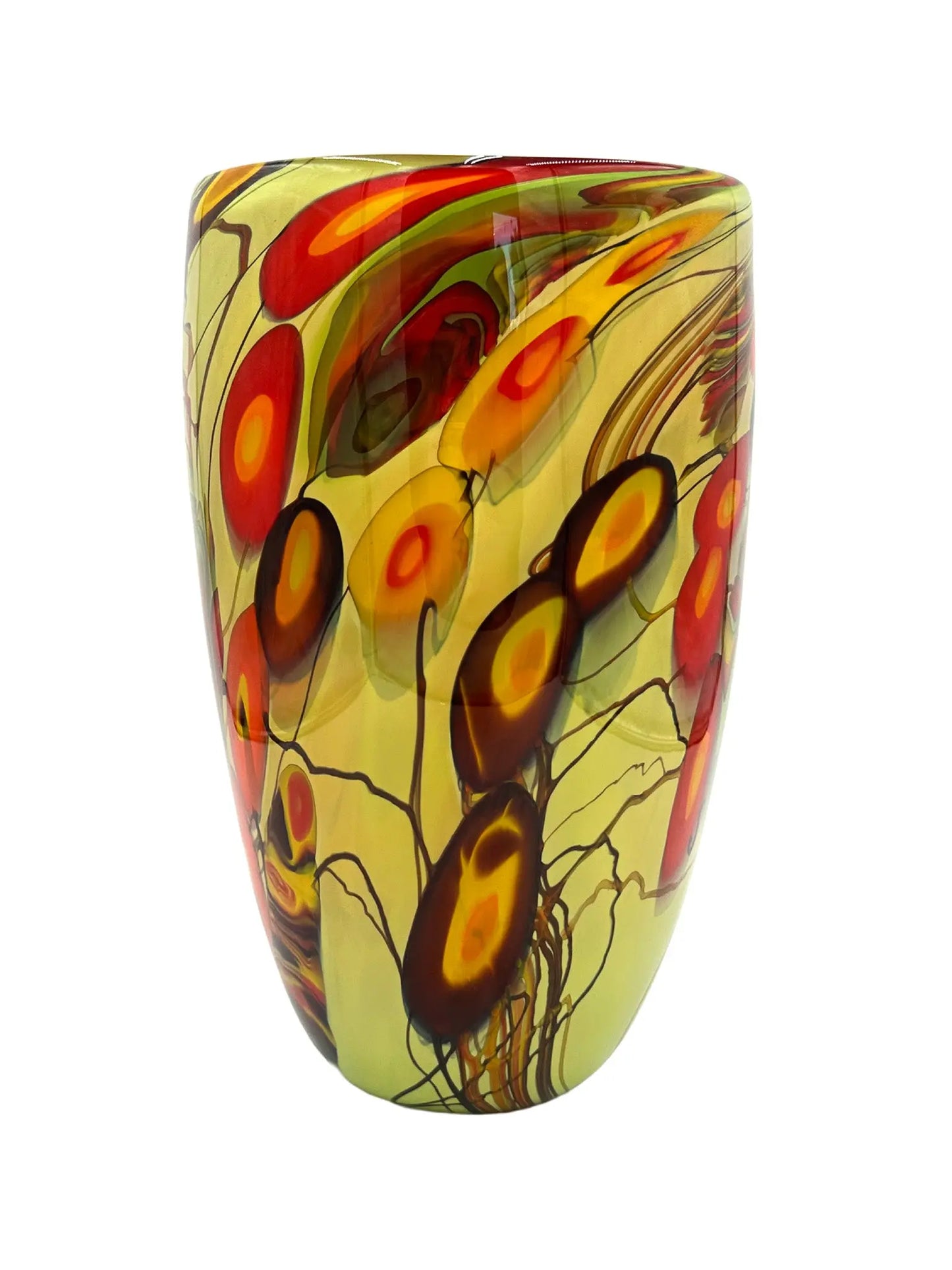 A handblown glass vase titled 'Solar Boom' featuring bold, abstract splashes of red, orange, yellow, and black with flowing organic patterns. Dimensions are approximately 7 inches wide, 12 inches deep, and 13 inches high, weighing 6.35 pounds. Perfect as a statement piece or for avant-garde floral displays in contemporary spaces.