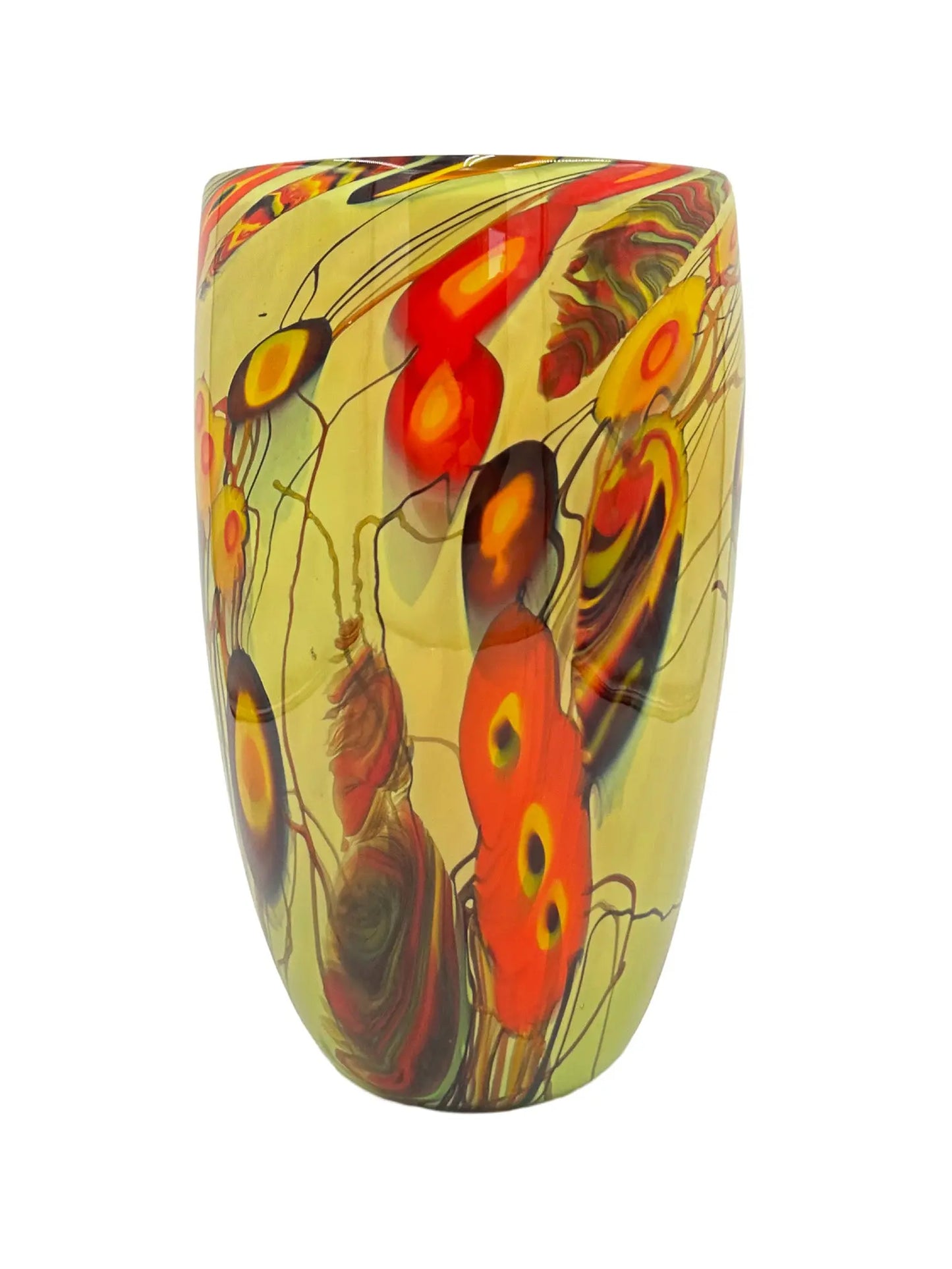 A handblown glass vase titled 'Solar Boom' featuring bold, abstract splashes of red, orange, yellow, and black with flowing organic patterns. Dimensions are approximately 7 inches wide, 12 inches deep, and 13 inches high, weighing 6.35 pounds. Perfect as a statement piece or for avant-garde floral displays in contemporary spaces.